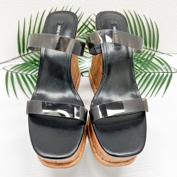 Nine West Rapps Platform Wedge Sandals Size 9.5 Black Tan Square Open Toe - Picture 3 of 13